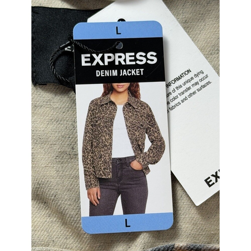 Express Women’s Denim Jacket Size Large Leopard Print Brown Black NWT Cotton - Picture 12 of 12